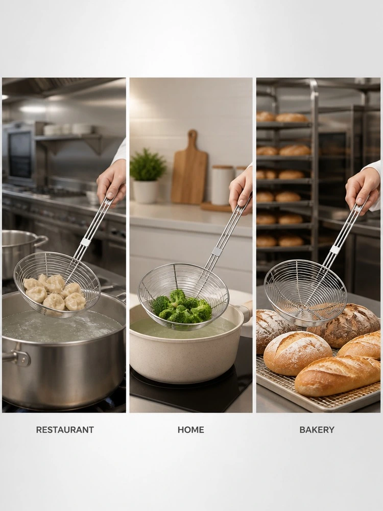 Steel Round Mesh Fry Basket With Long Handle For Kitchen