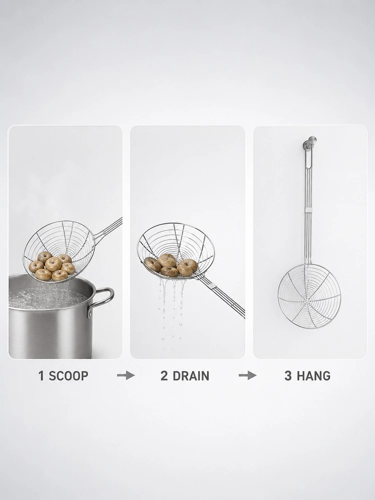 Steel Round Mesh Fry Basket With Long Handle For Kitchen