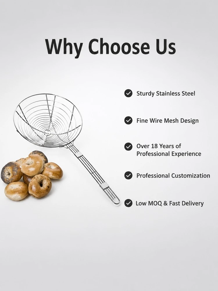 Steel Round Mesh Fry Basket With Long Handle For Kitchen